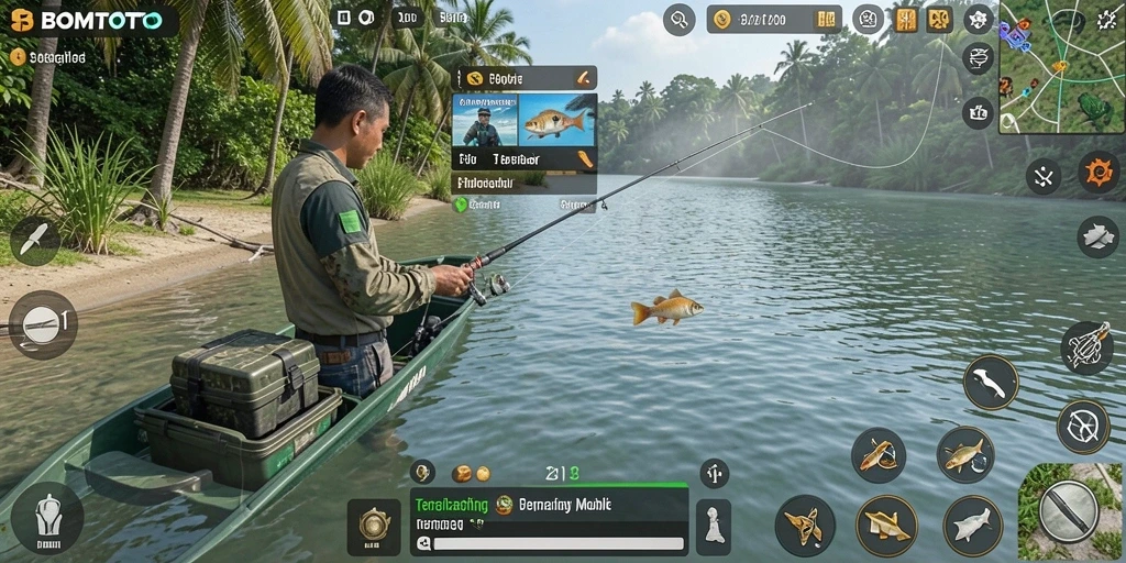 Screenshot utama menunjukkan aksi memancing yang seru di BOMTOTO.
