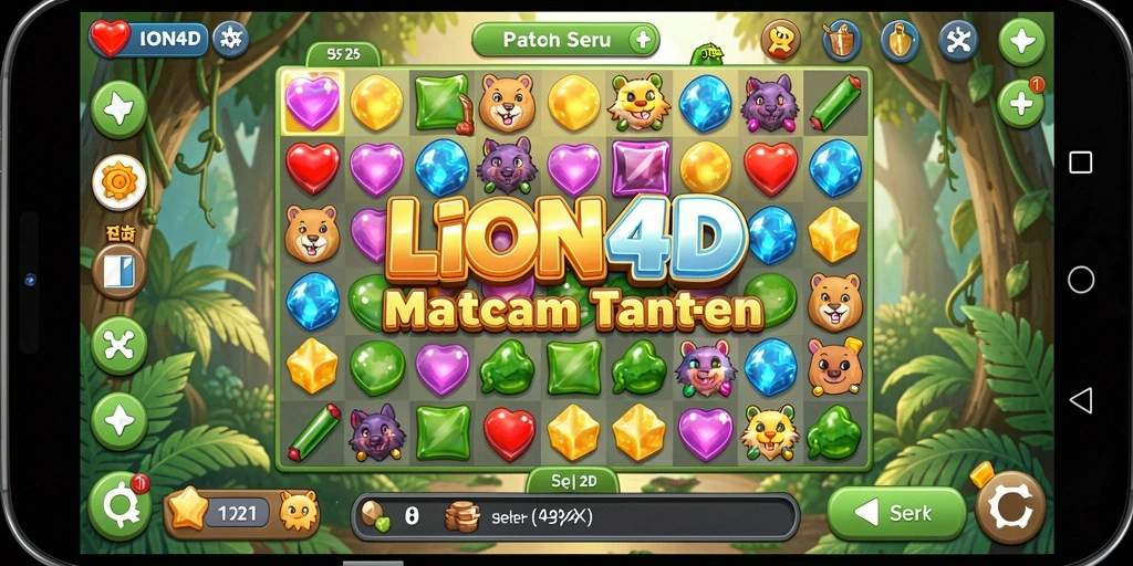 Tangkapan layar LION4D menampilkan kombinasi elemen warna-warni dalam permainan Match-3.
