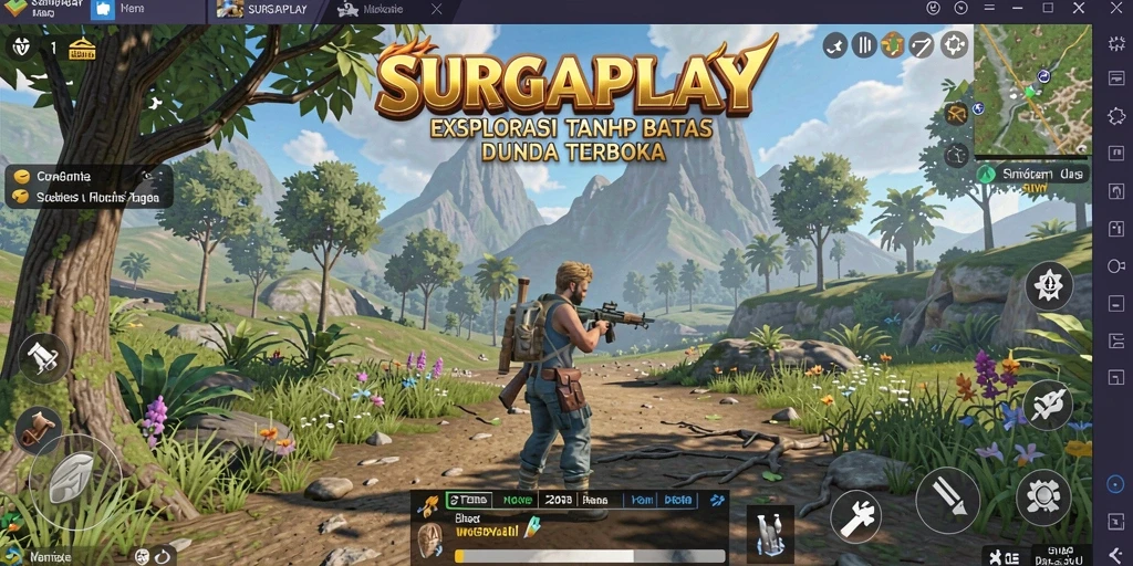 Screenshot utama SURGAPLAY menampilkan aksi eksplorasi di dunia terbuka.
